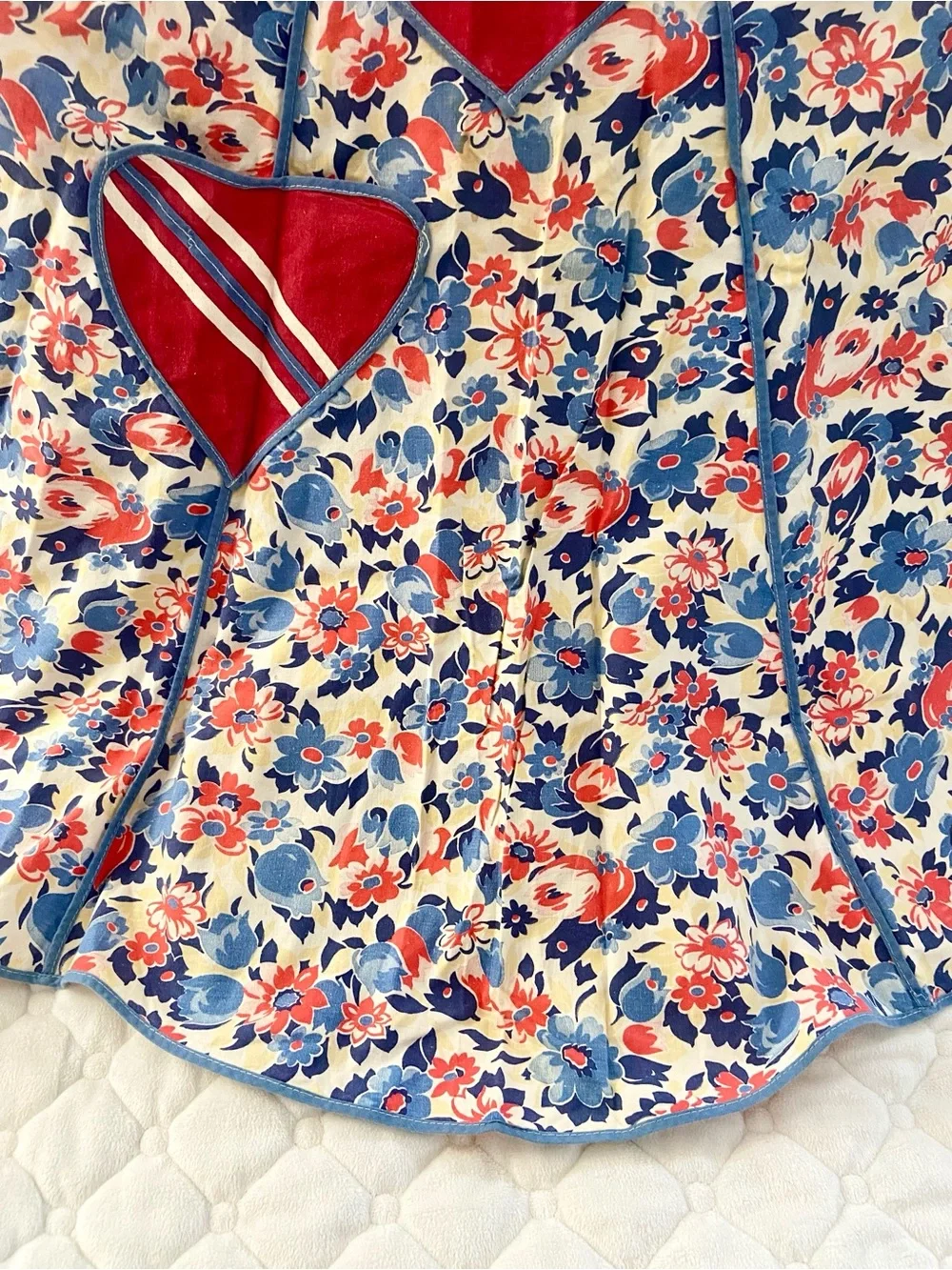 Vintage 50’s Apron with Red Heart Bib with diagonal stripes and floral apron